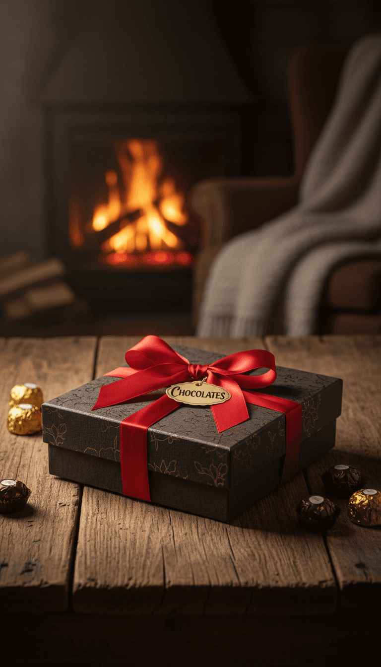 Handcrafted chocolate gift box with ribbon in warm light