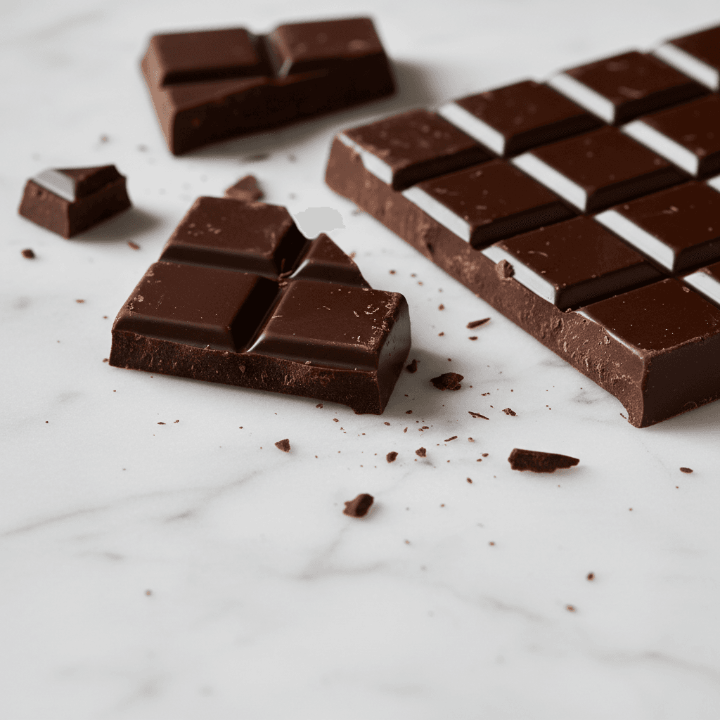 Dark chocolate bar broken into pieces on a marble surface