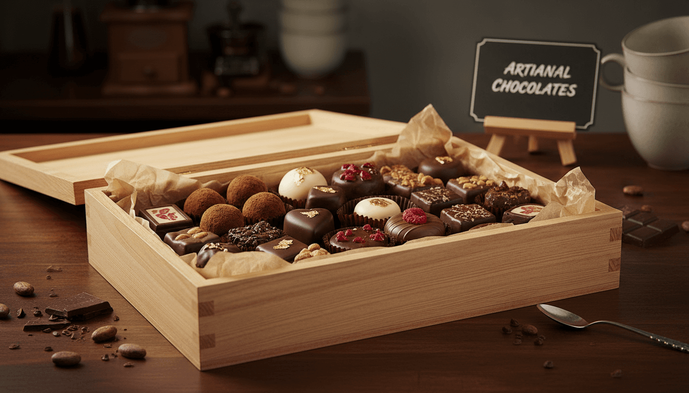 Assorted handcrafted chocolates arranged in an open gift box