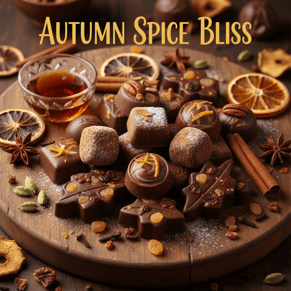 Seasonal chocolates with spice and dried fruit on a wooden board