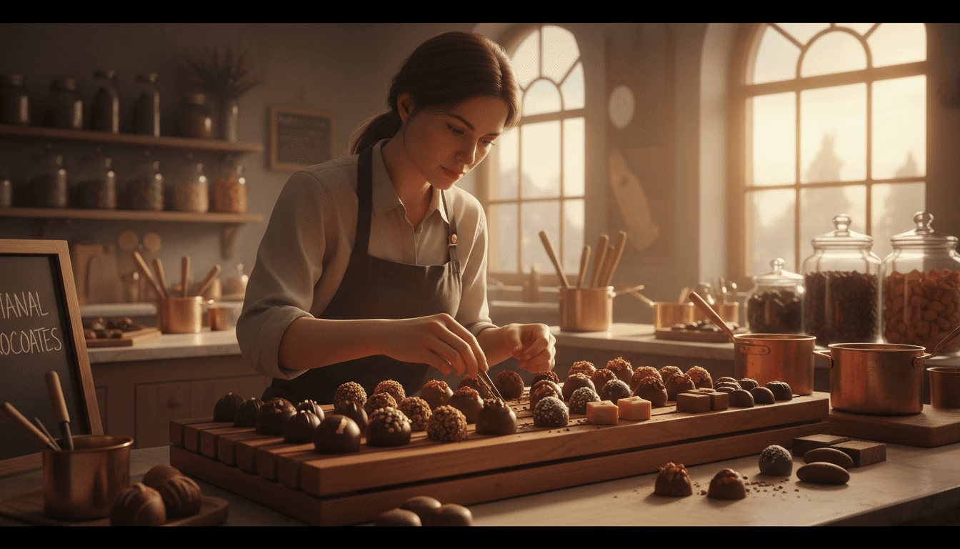 Handcrafted chocolate truffles arranged on a wooden board in a warm workshop setting