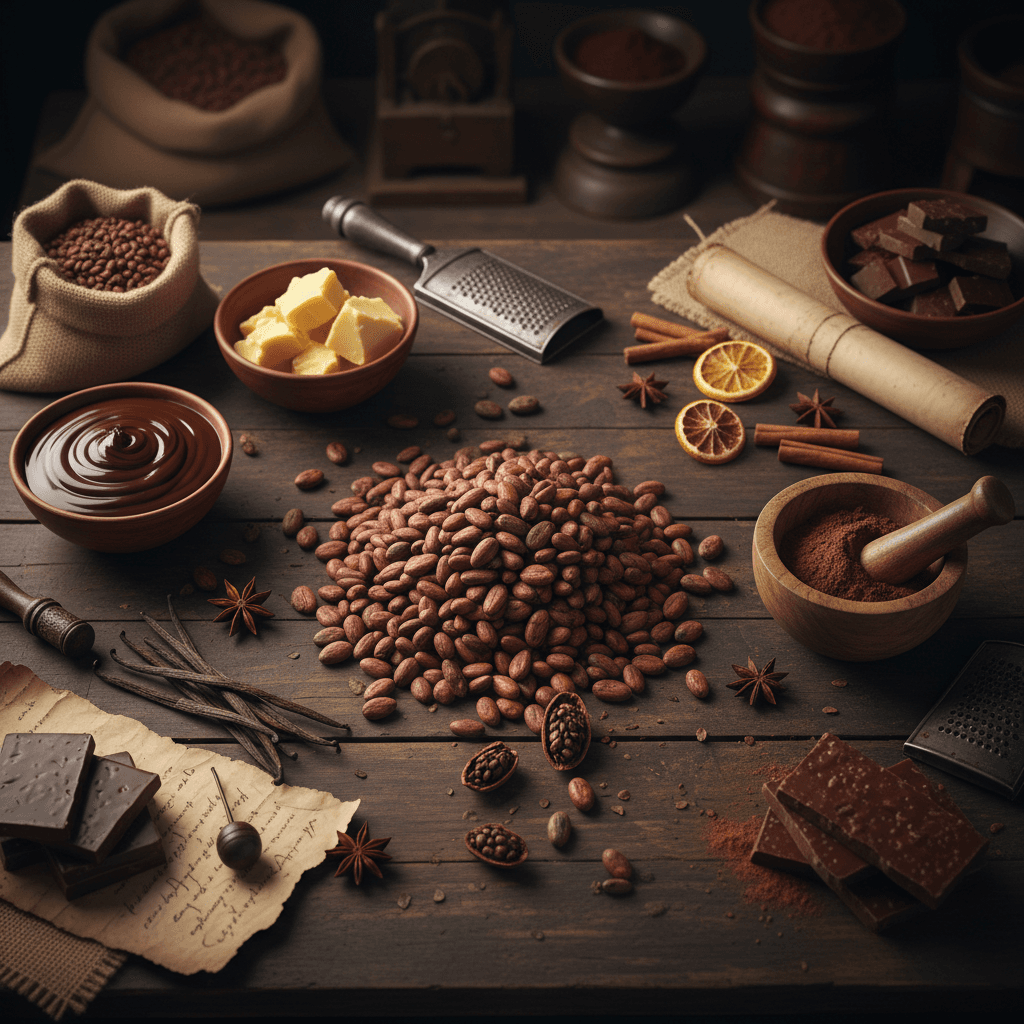 Cocoa beans and raw chocolate ingredients on a dark rustic table
