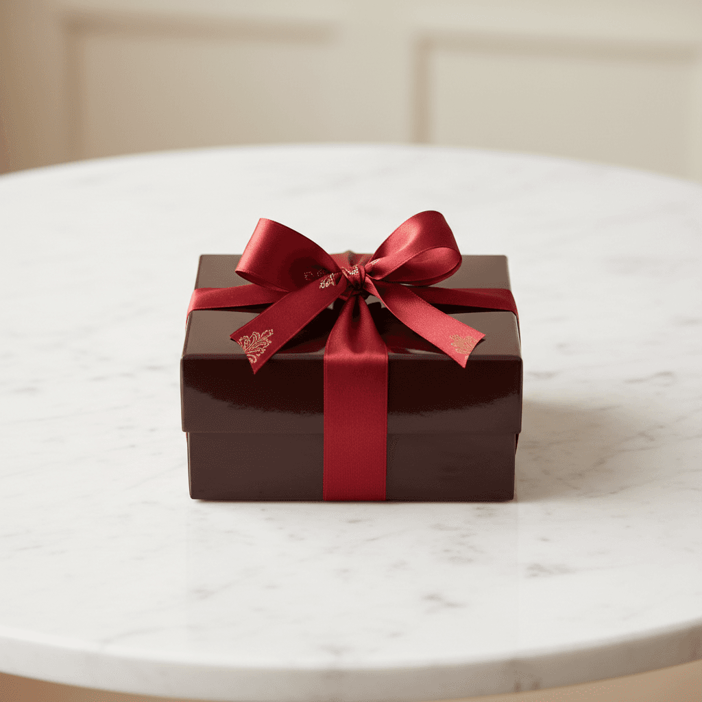Elegant chocolate gift box with a ribbon on a clean table