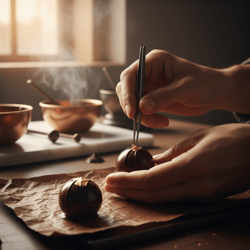 Piping ganache into chocolate shells by hand