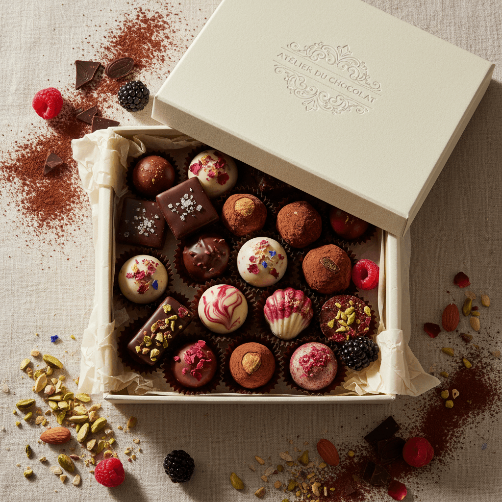 Assorted truffles arranged in a gift box with ribbon