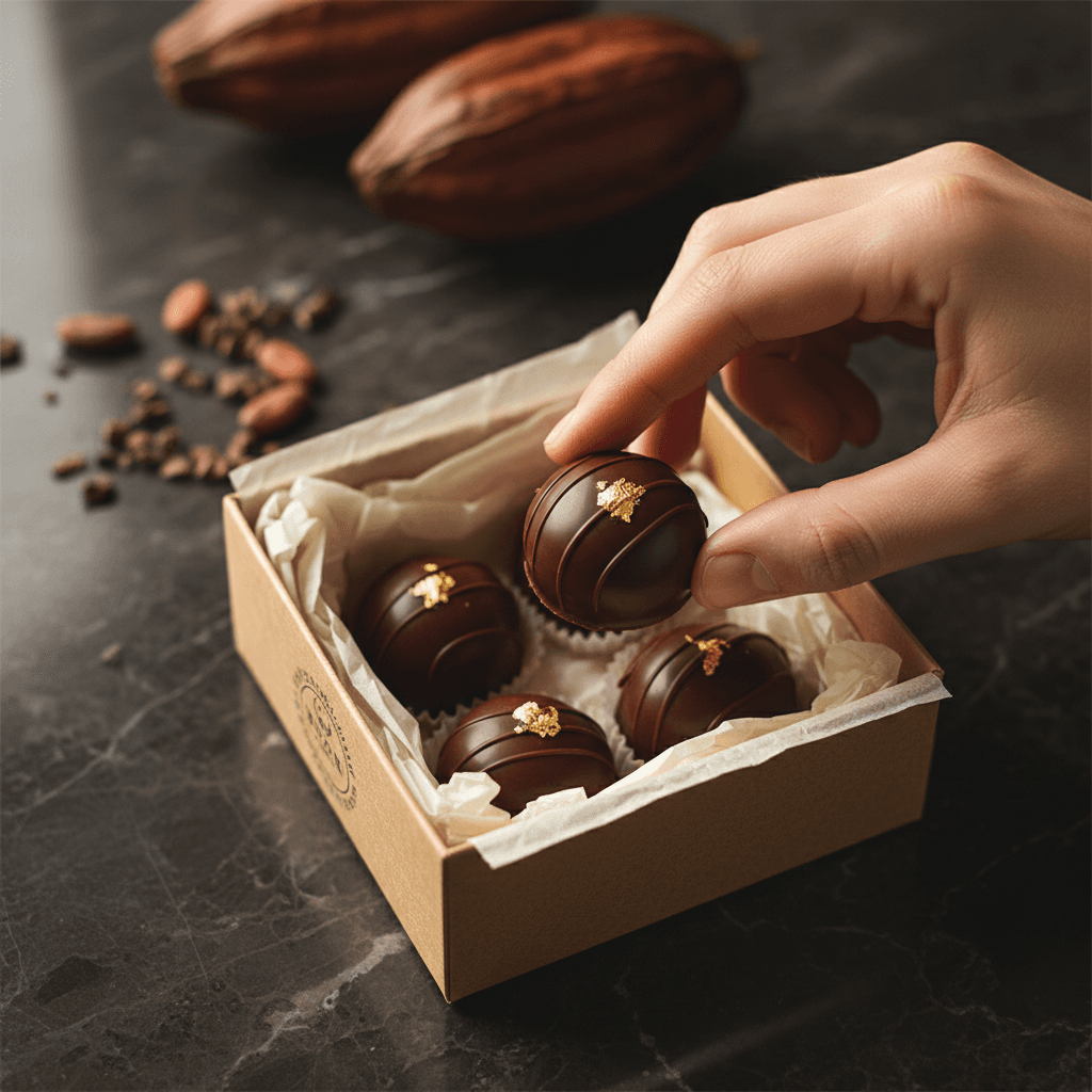 Hand-painted bonbon with gold leaf on dark chocolate