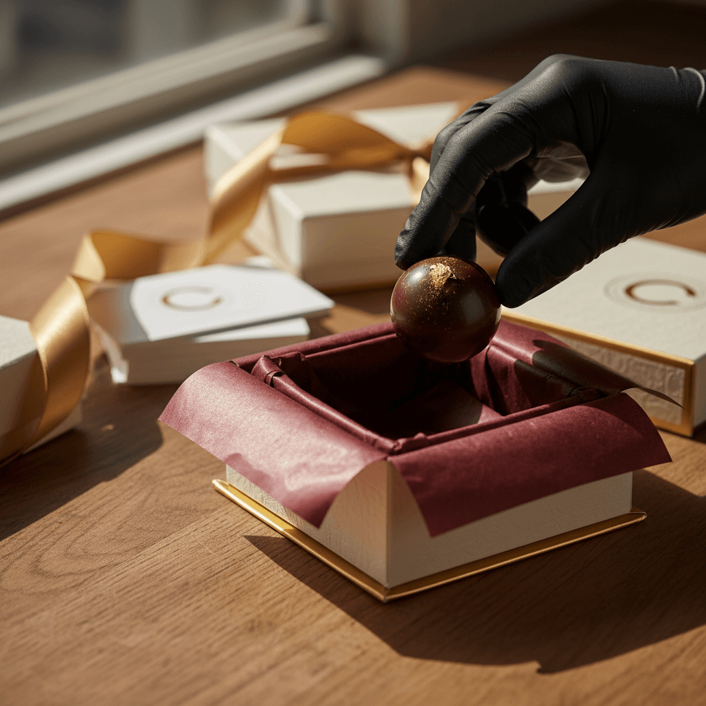 Handcrafted chocolate gift boxes arranged on a wooden table in a cozy workshop
