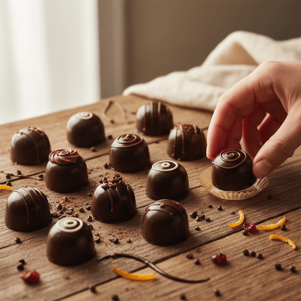 Winter-themed chocolate collection on a rustic table
