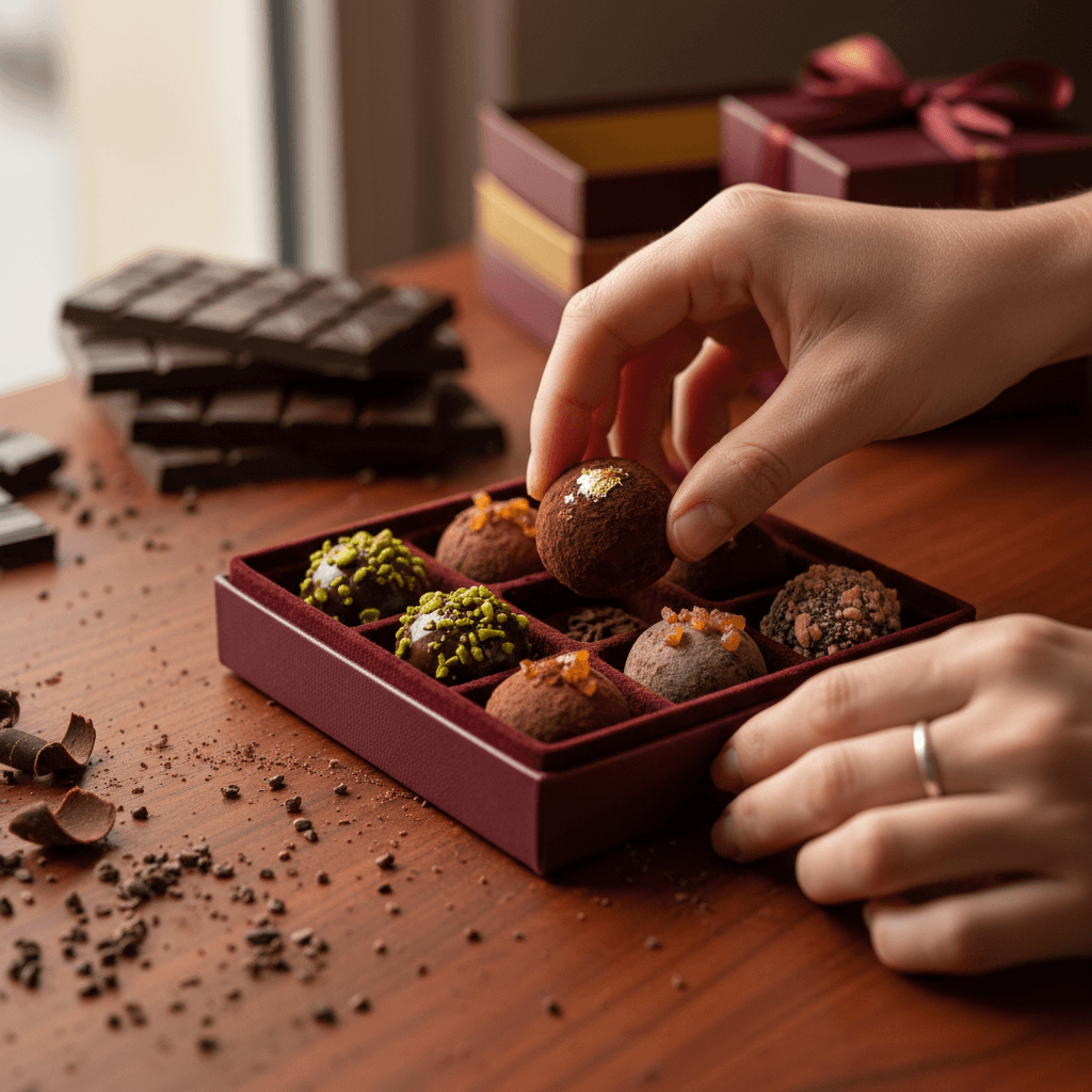 Handcrafted chocolate truffles arranged in an elegant gift box at a Toronto chocolate workshop with warm lighting