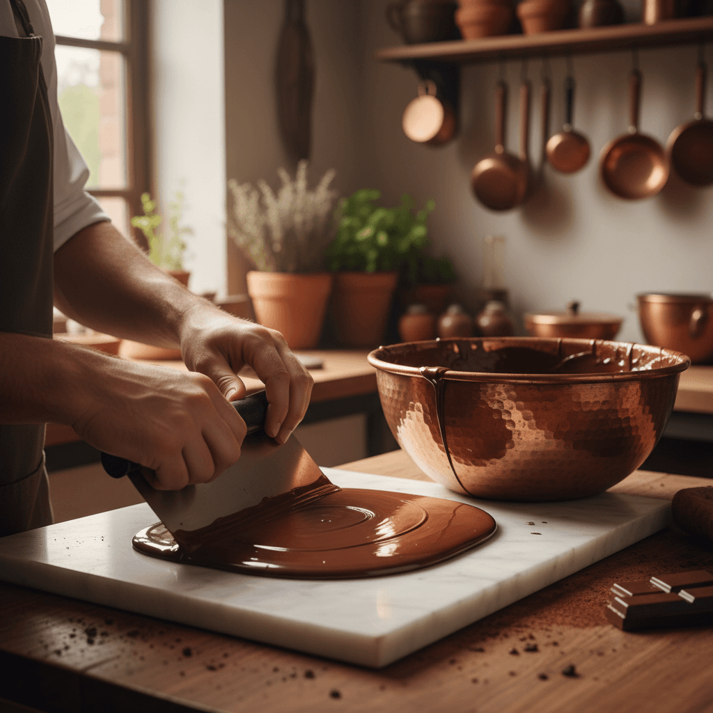 Chocolatier tempering chocolate on marble table