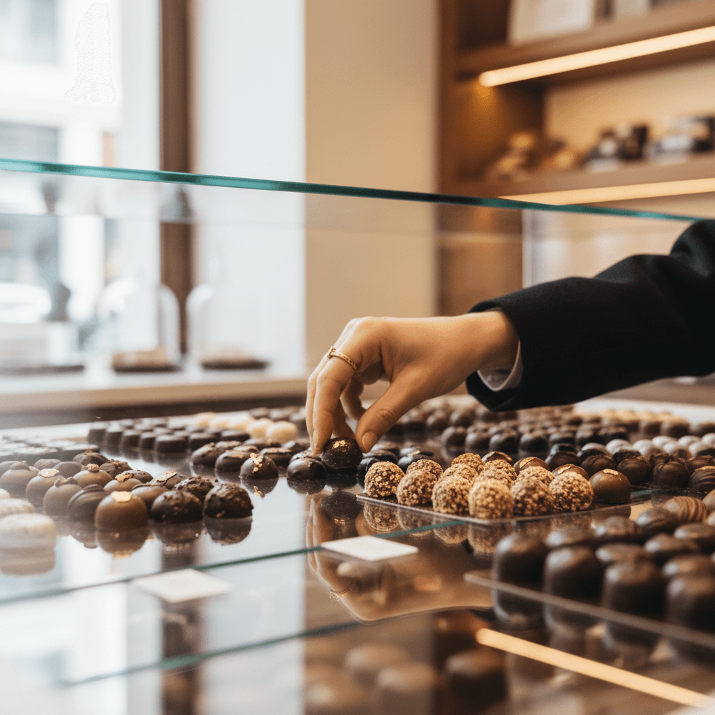 Customer selecting chocolates at a display counter