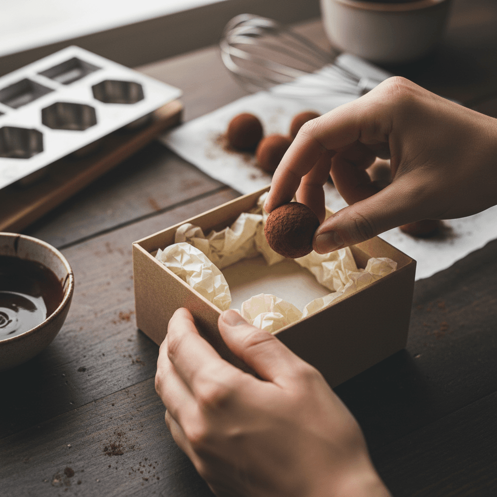 Hand dipping a truffle in melted chocolate