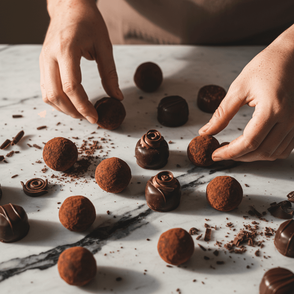 Assorted truffles and pralines arranged on marble