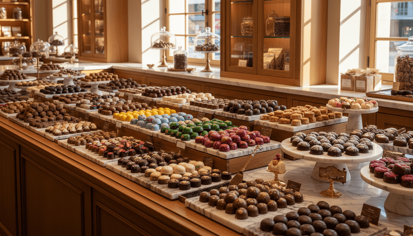 An assortment of handcrafted chocolate bonbons and truffles arranged on a marble surface in warm lighting
